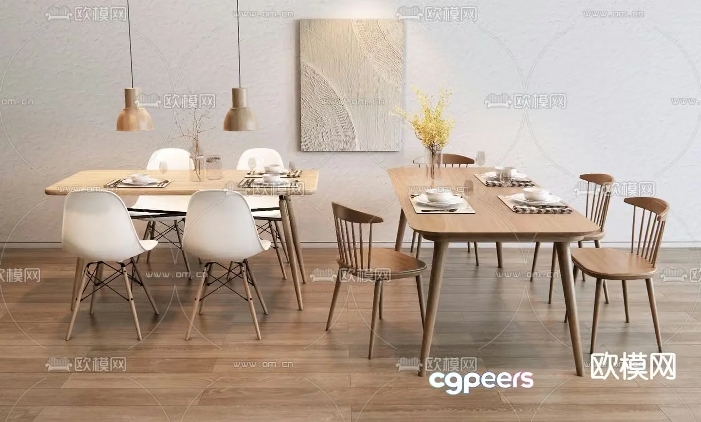Nordic log dining table and chairs 3d model