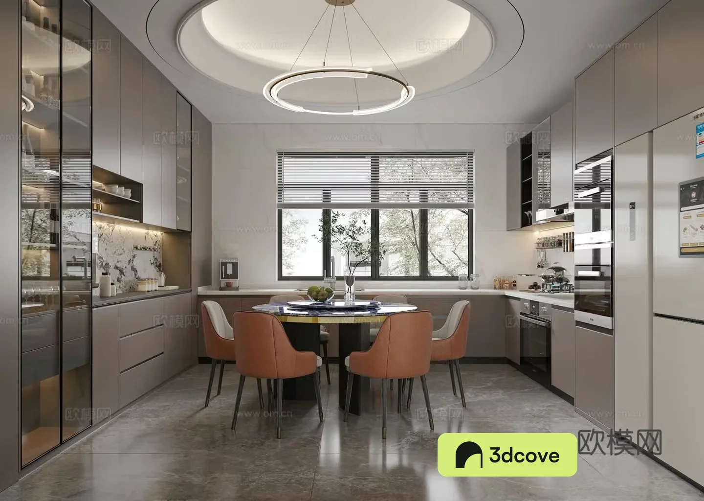 Modern restaurant round dining table chandelier round ceiling wine cabinet