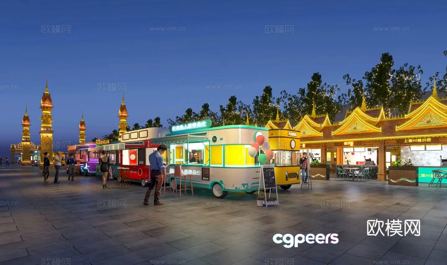 Commercial street market night view snack square container food street internet celebrity 3D model