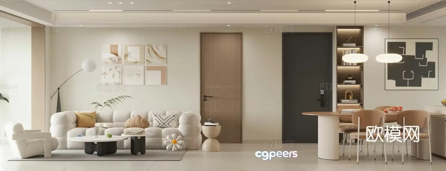 Creamy style home living and dining room sofa and coffee table combination cotton candy sofa homeless lights 3D model