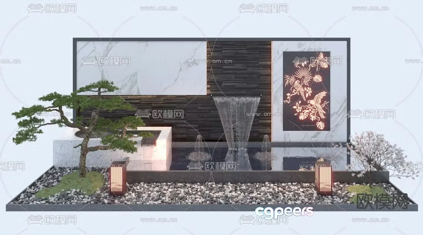 Courtyard water feature wall fountain pool 3D model