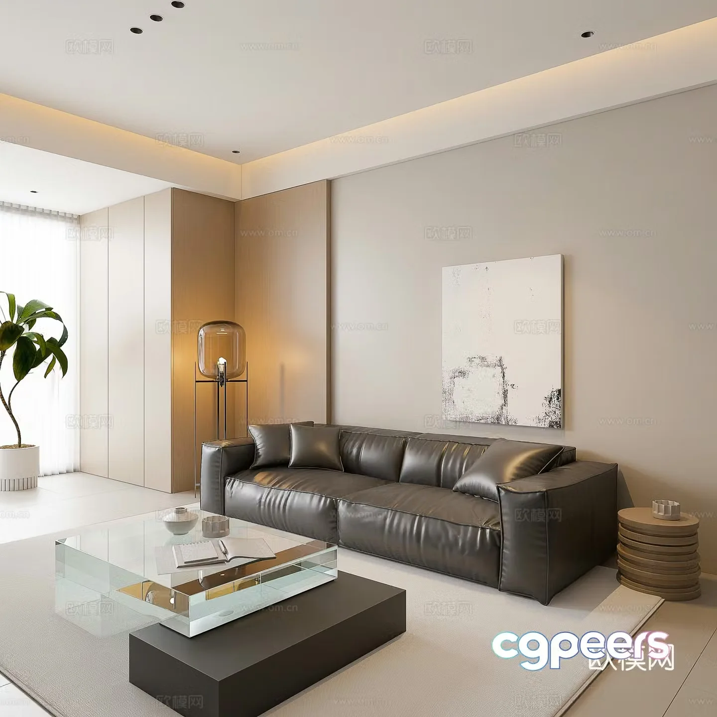 Three-person sofa tea table combination Tofu block sofa tea table Creamy style sofa tea table Lazy sofa set 3D model