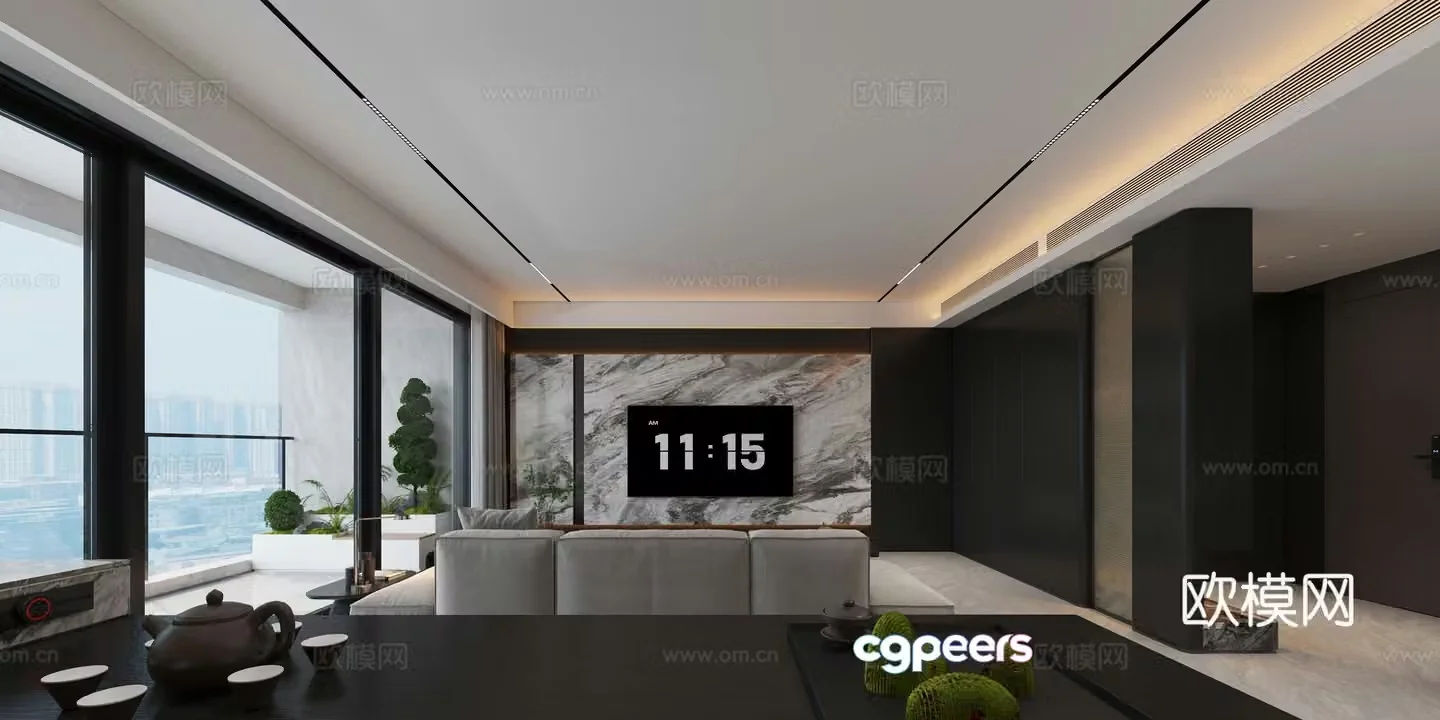 Dark style modern minimalist Italian living and dining hall entrance 3d model