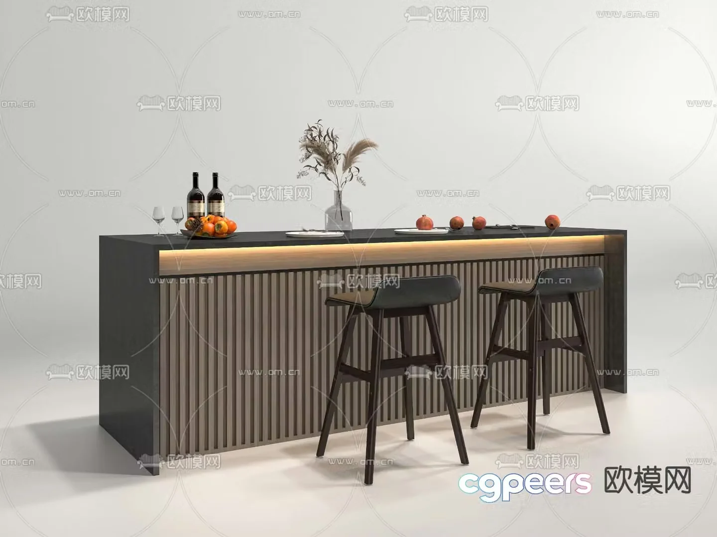 Bar island dining table and chairs 3d model