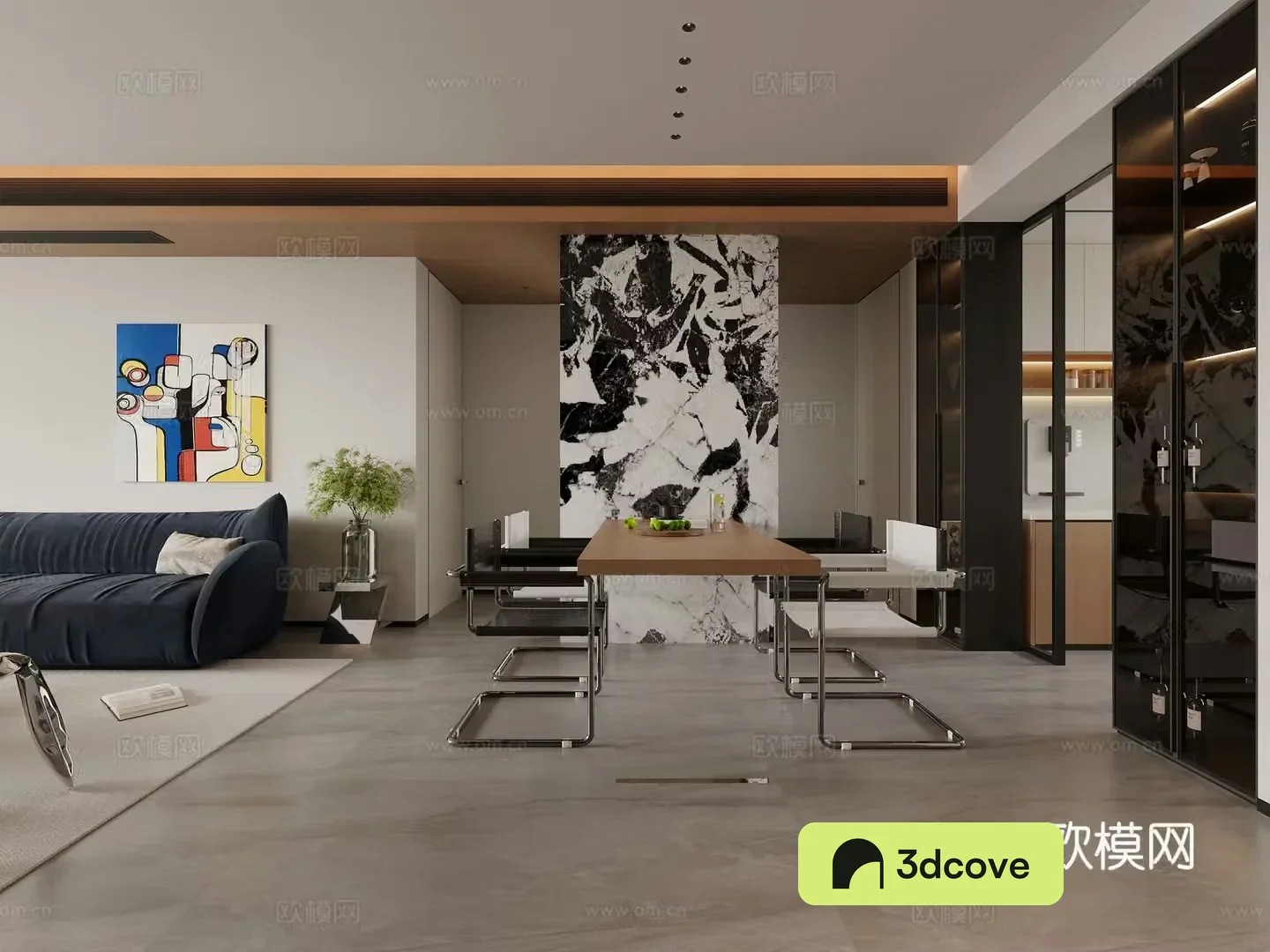 Modern log minimalist restaurant dining table and chair combination hanging painting panda marble
