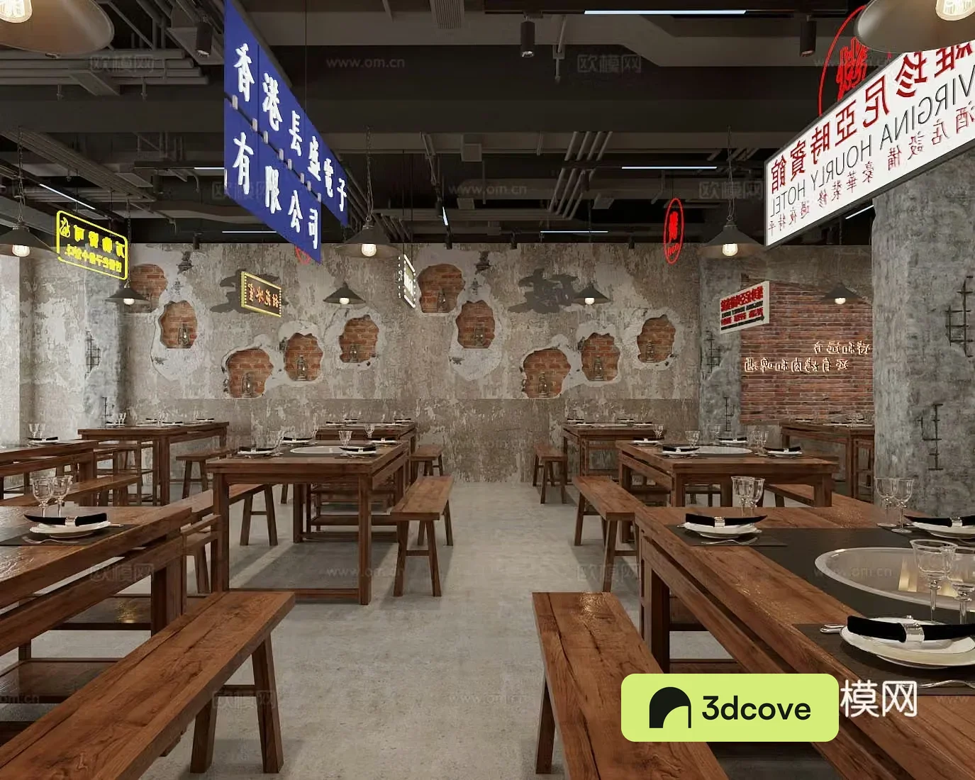 Modern industrial hotpot restaurant dining table and chair combination luminous light sign dilapidated decorative wall