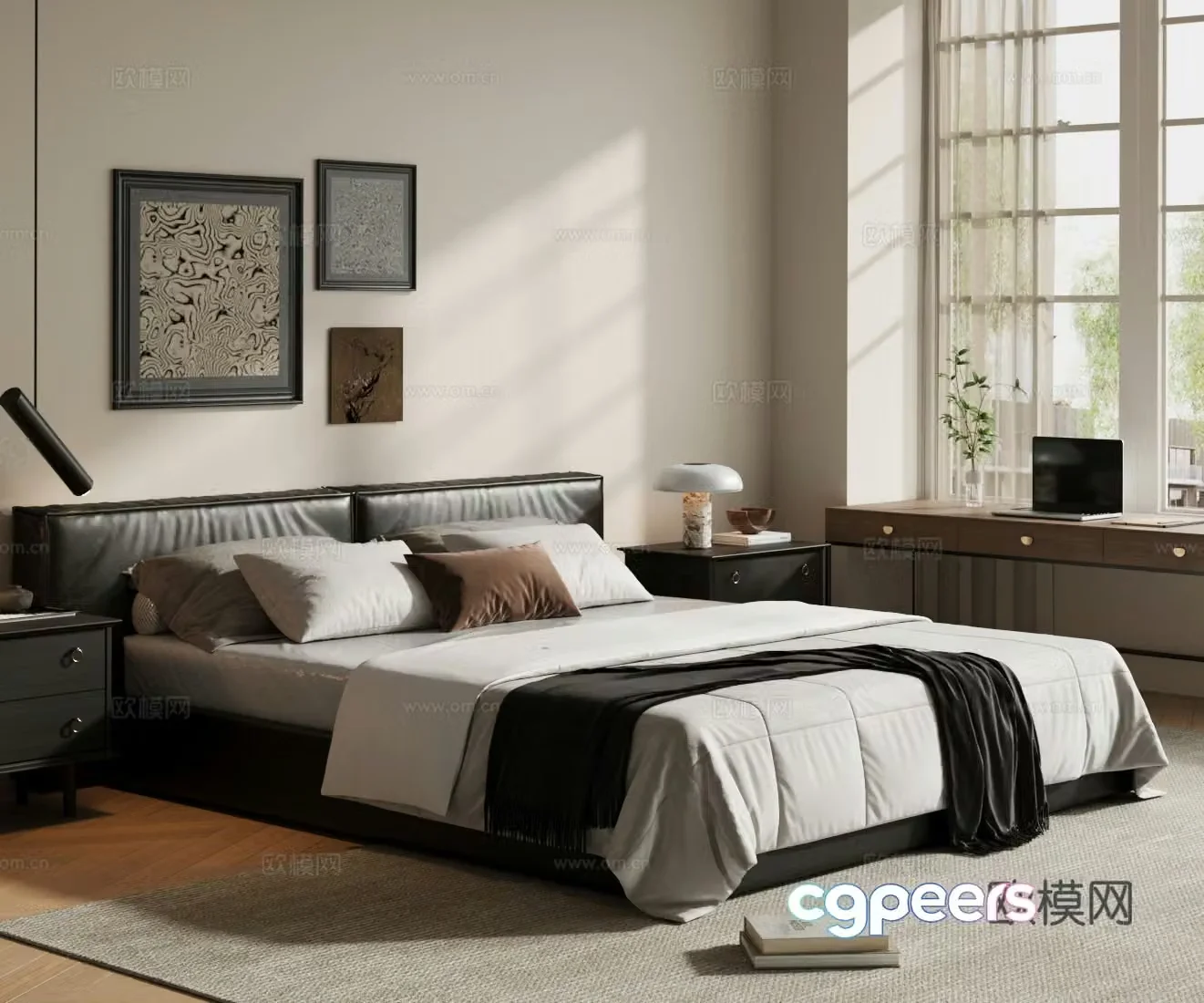 Middle-aged double bed Black leather bed Leather bed Black bed Middle-aged master bedroom Bed 3d model 3d model