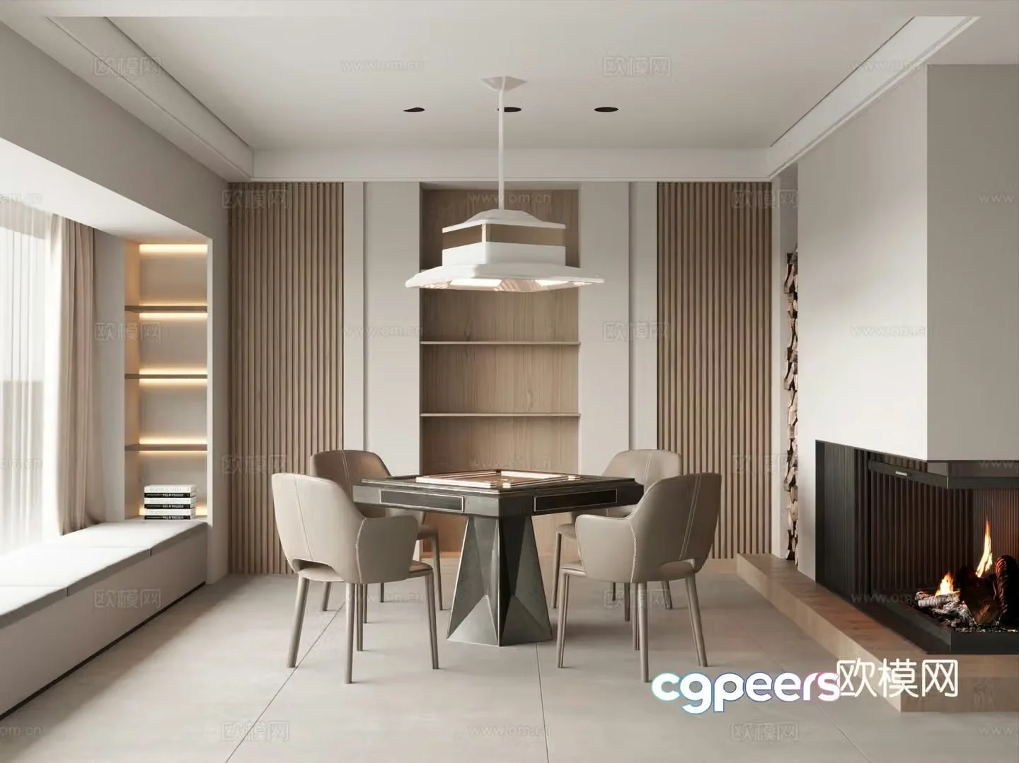 Modern chess and card room Mahjong table and chairs Fireplace Smoking lighting fixture 3d model