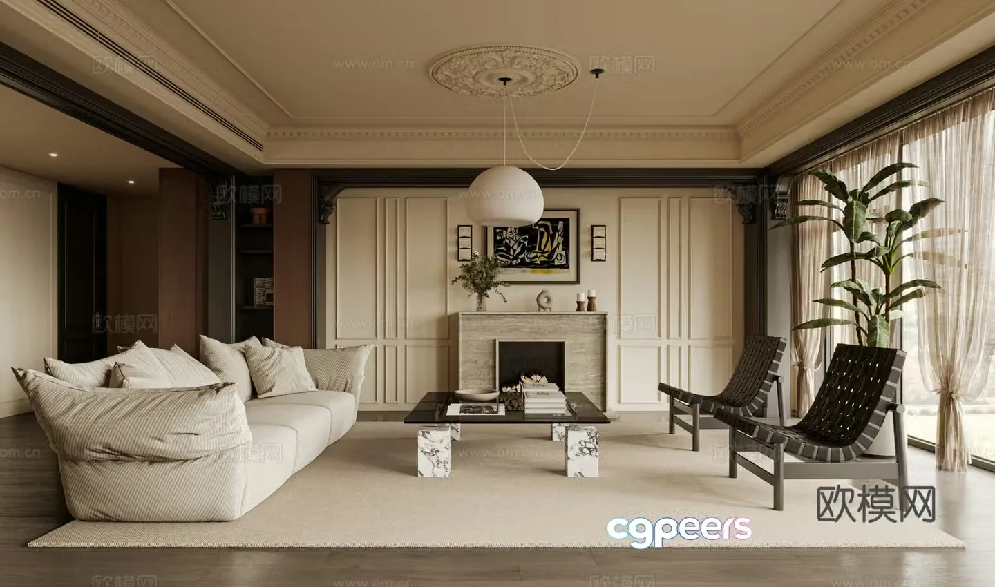 French medieval style living room sofa single chair coffee table curtain carpet bookshelves decoration 3d model