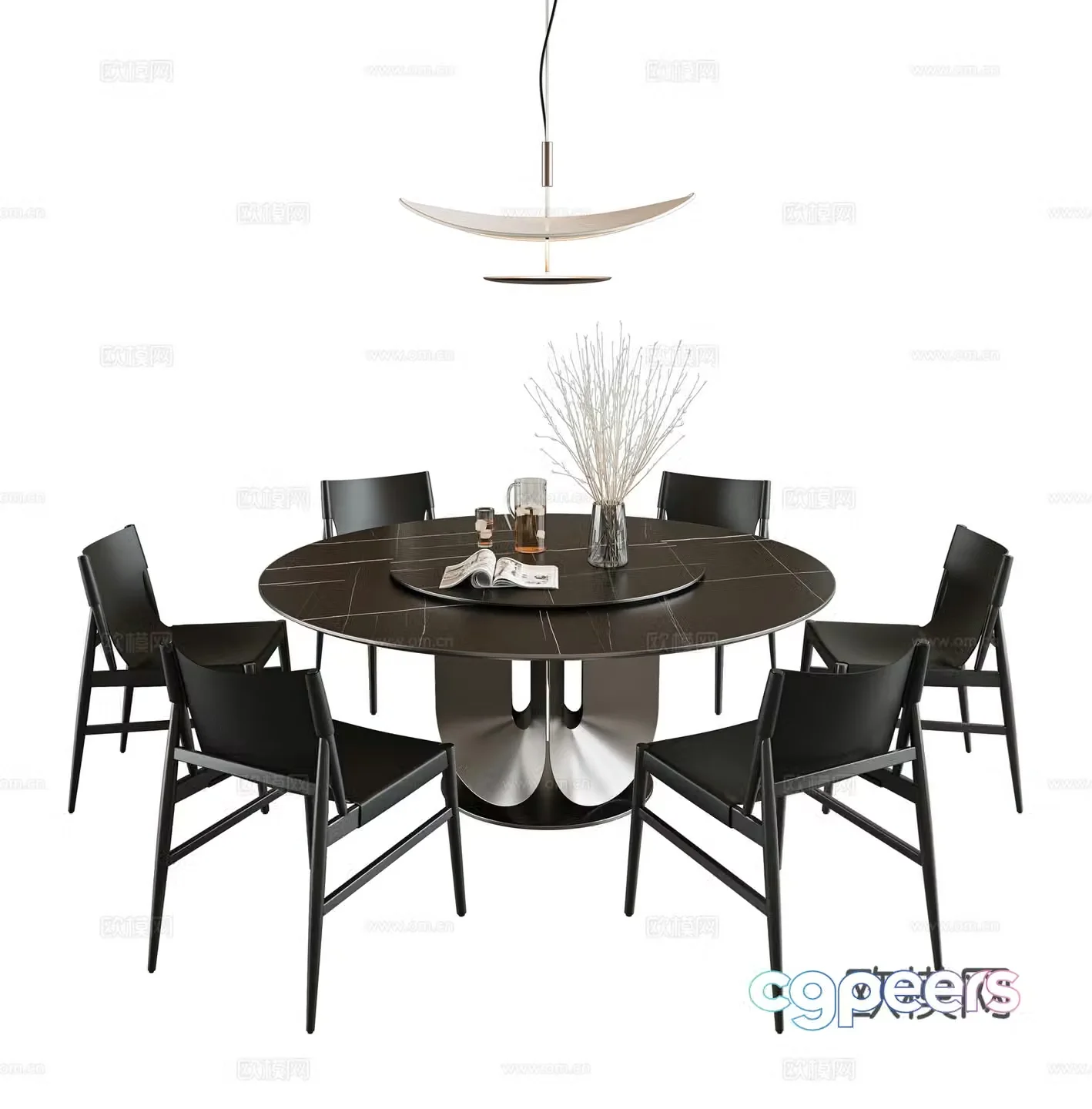 Italian dining table and chair combination round dining table rock table six-person dining table turntable dining table leather 3D model