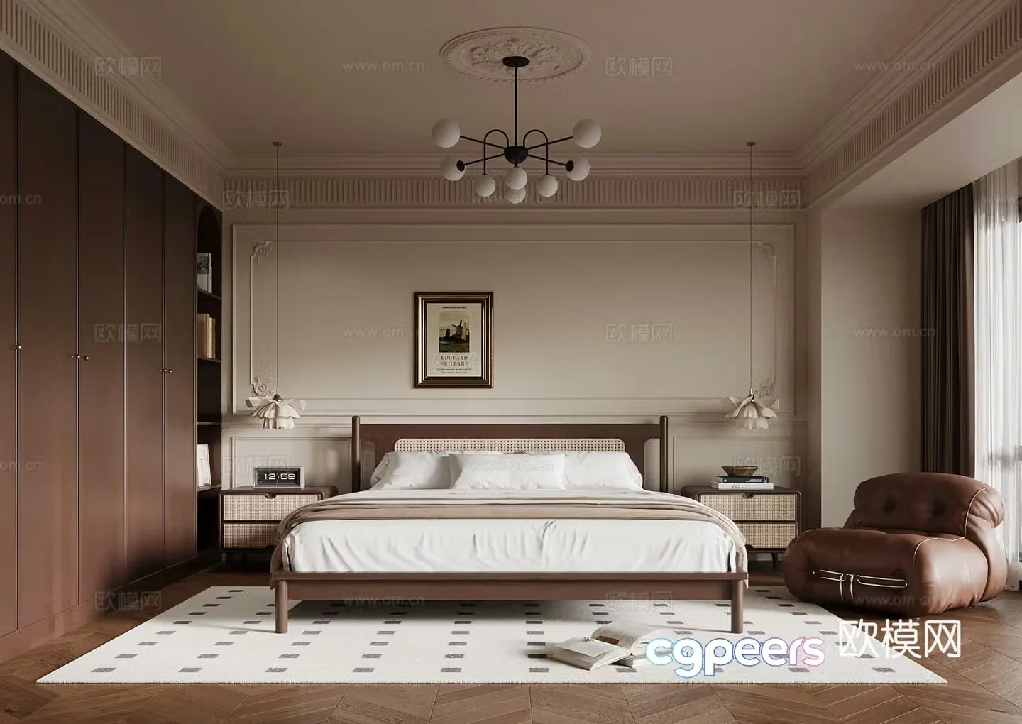 French retro style bedroom double bed nightstand wardrobe dressing table 3d model