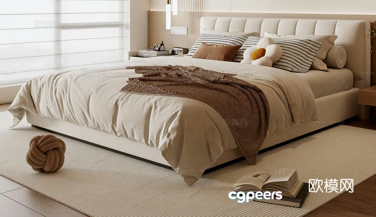 Creamy Double Bed 3D Model