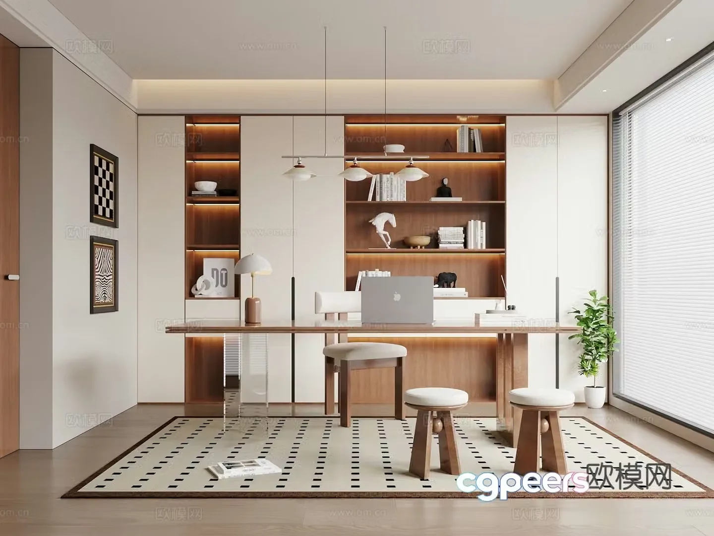 Modern medieval style study desk and chair bookcase medieval style chandelier 3d model