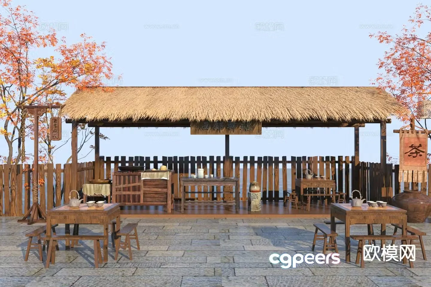 New Chinese style country garden rest station folk sketch 3d model