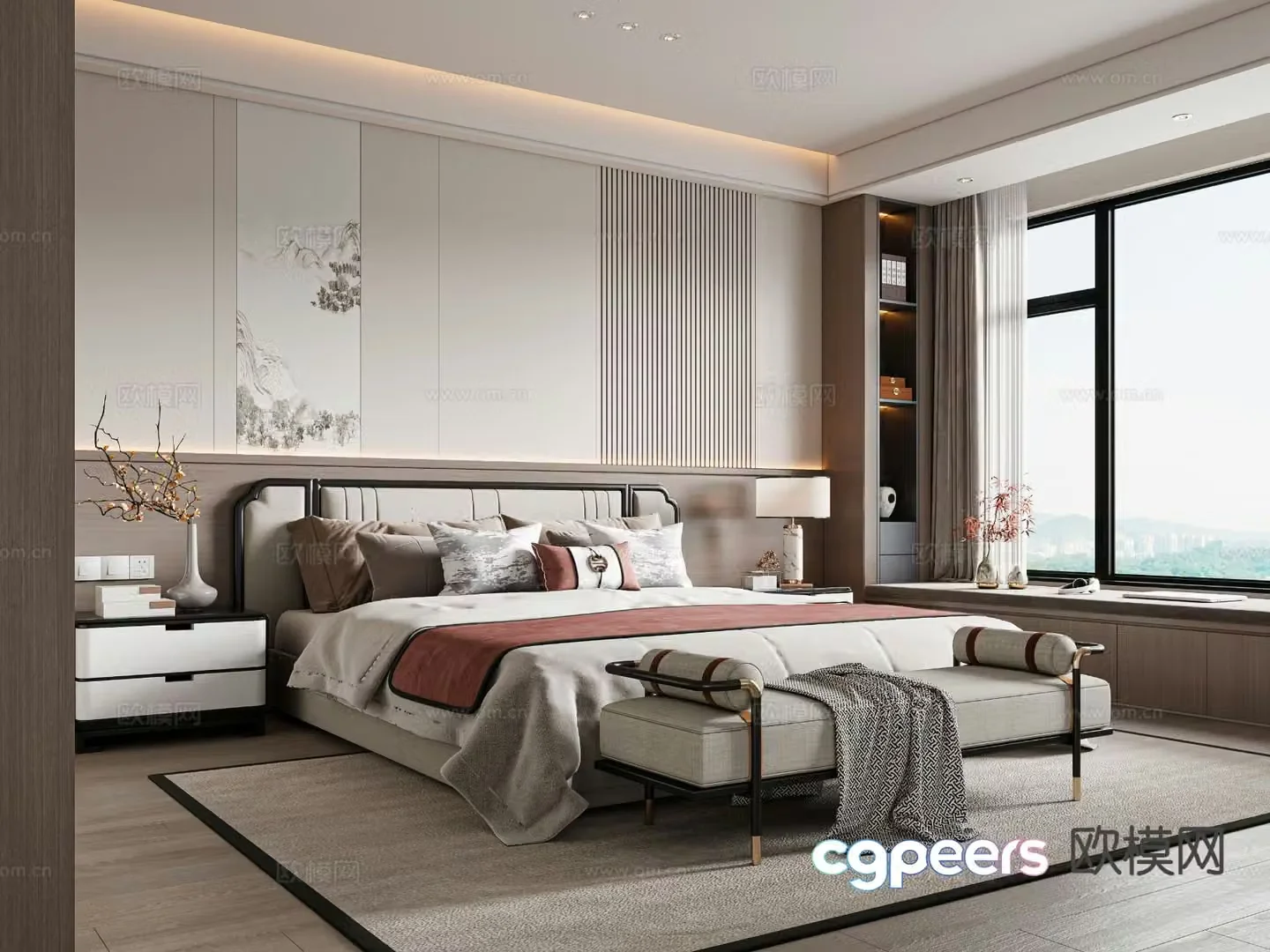 New Chinese style double bed 3d model