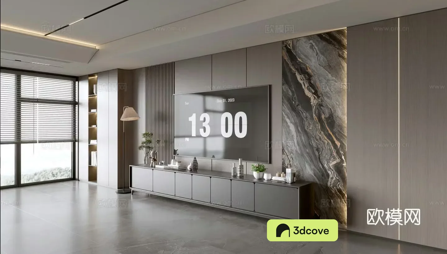 Modern Italian living room light luxury TV background wall full wall TV cabinet marble background wall