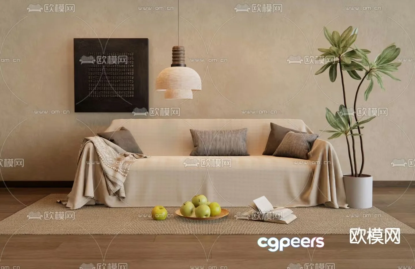 Wabi-sabi style three-seat sofa 3D model