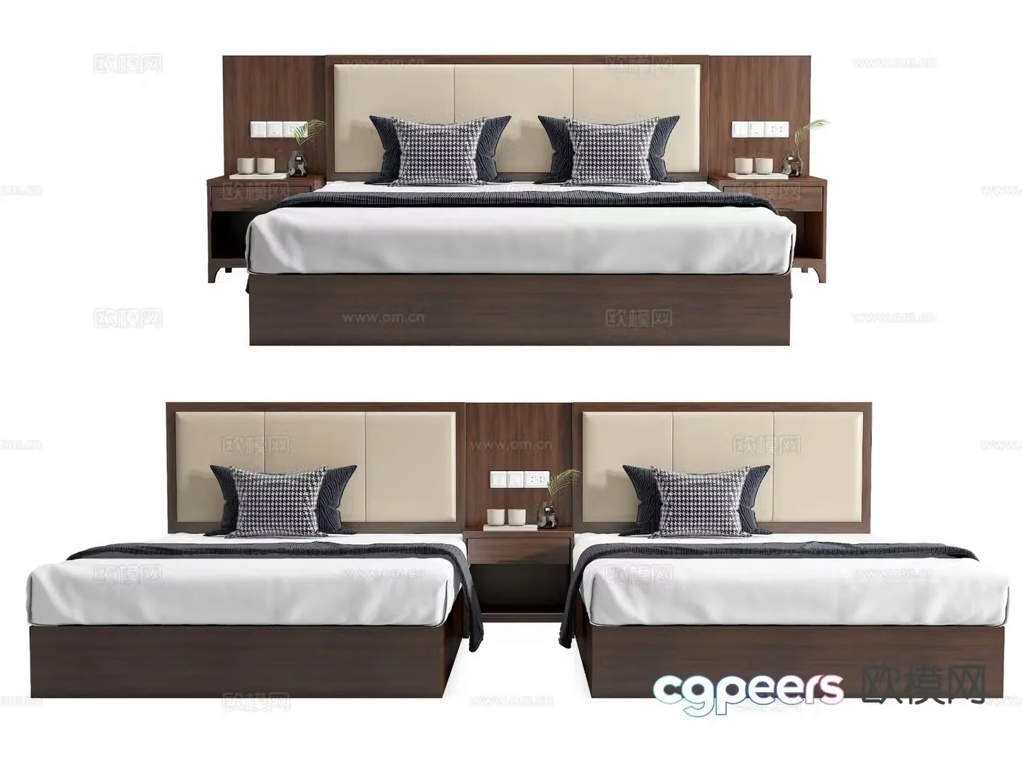 New Chinese style hotel bed twin bed conjoined bed double bed 3d model