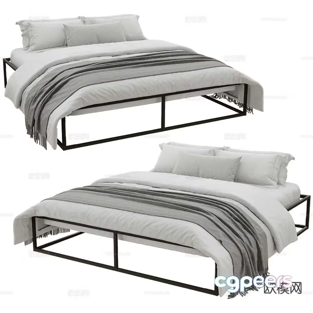 Iron bed frame double bed bedding 3d model