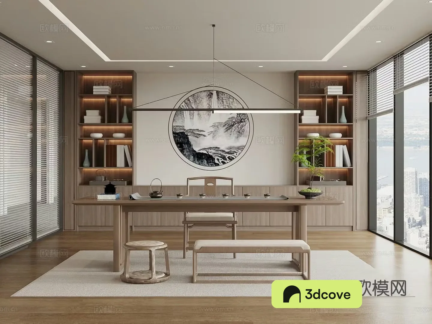 New Chinese style tea room tea table and chair tea room cabinet office tea room bookcase office chandeliers