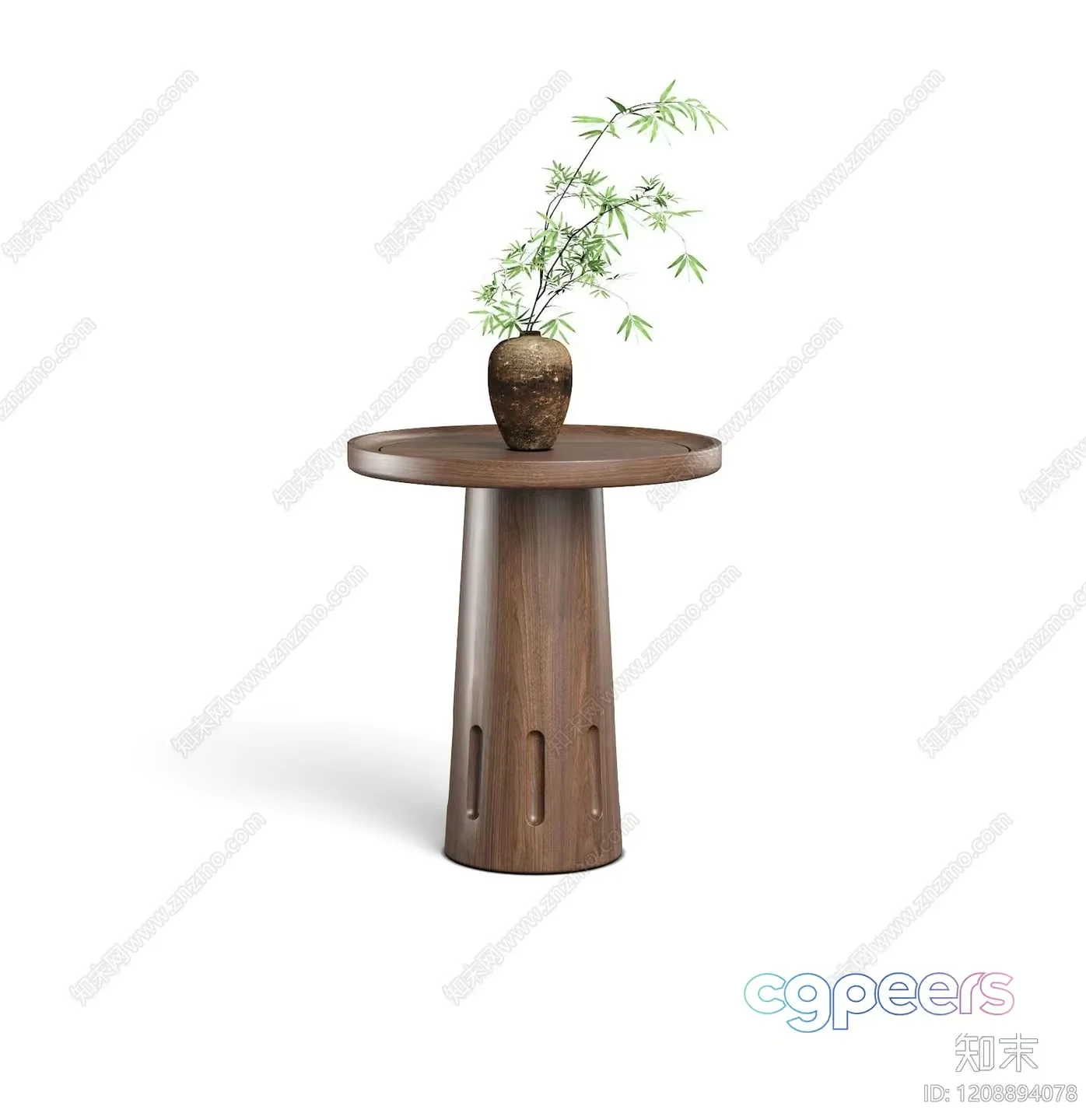A Small Wooden Table With A Vase And Plant On Top 3D Model – 16981 – VRAY Render