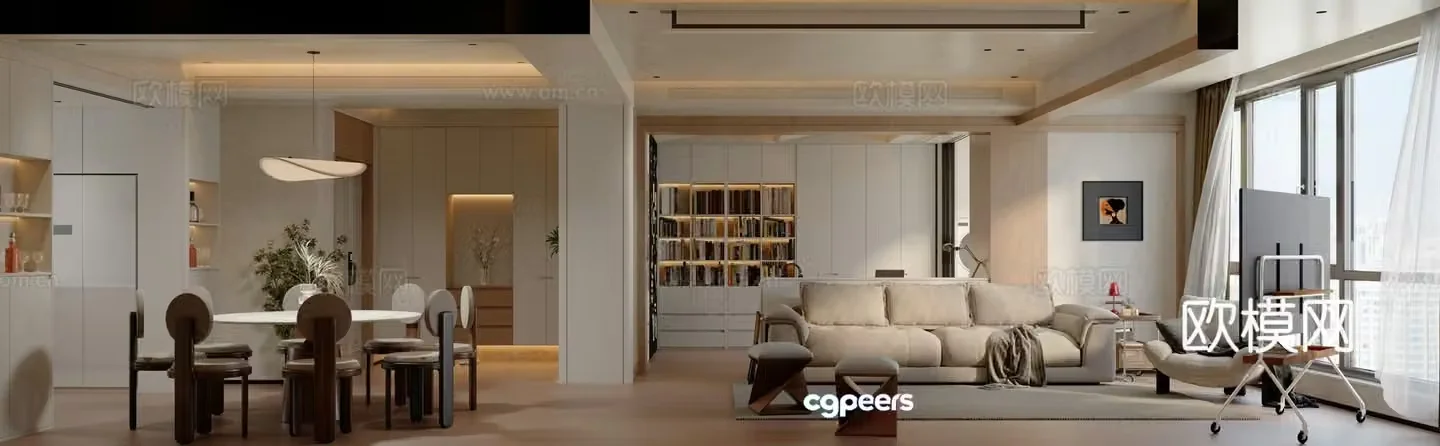 Modern medieval style home living and dining room 3D model