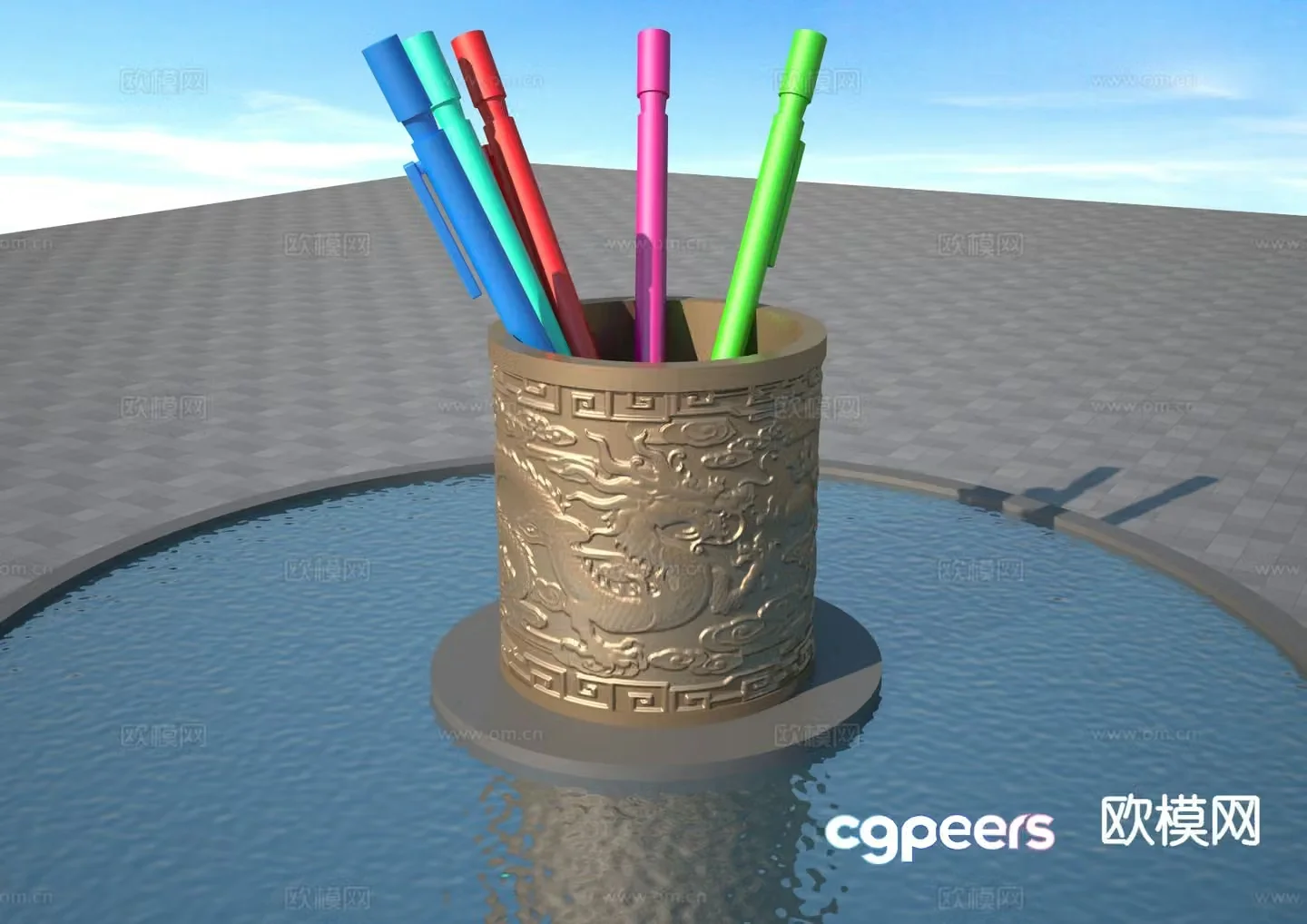 Art dragon relief pen holder sculpture 3d model