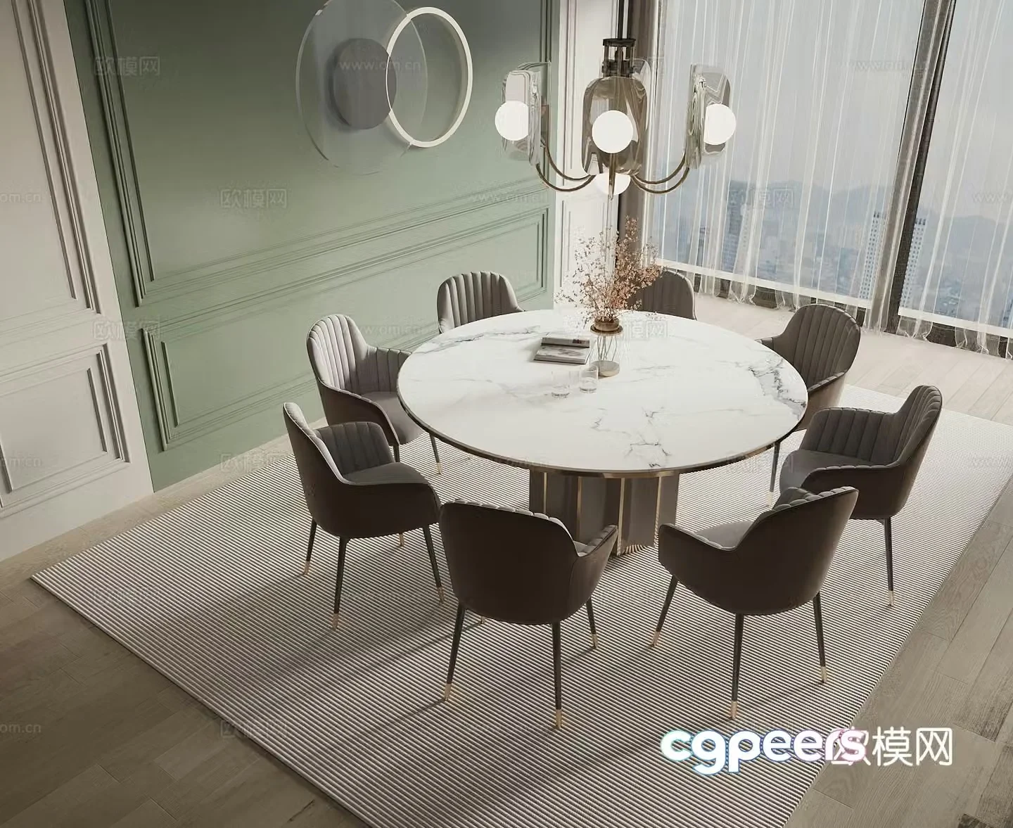 French dining table and chairs round table 3d model