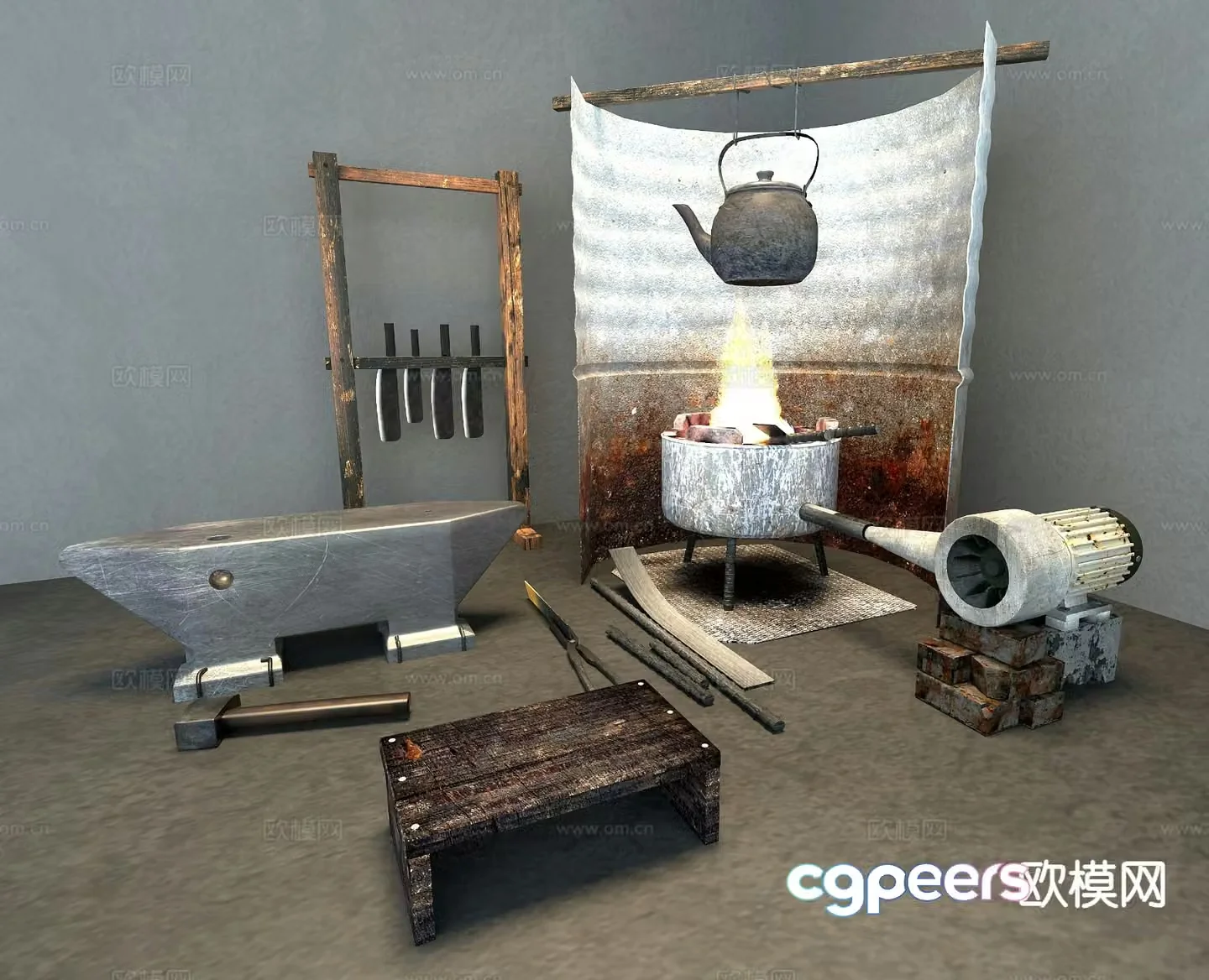 Blacksmith shop sketch anvil furnace 3D model