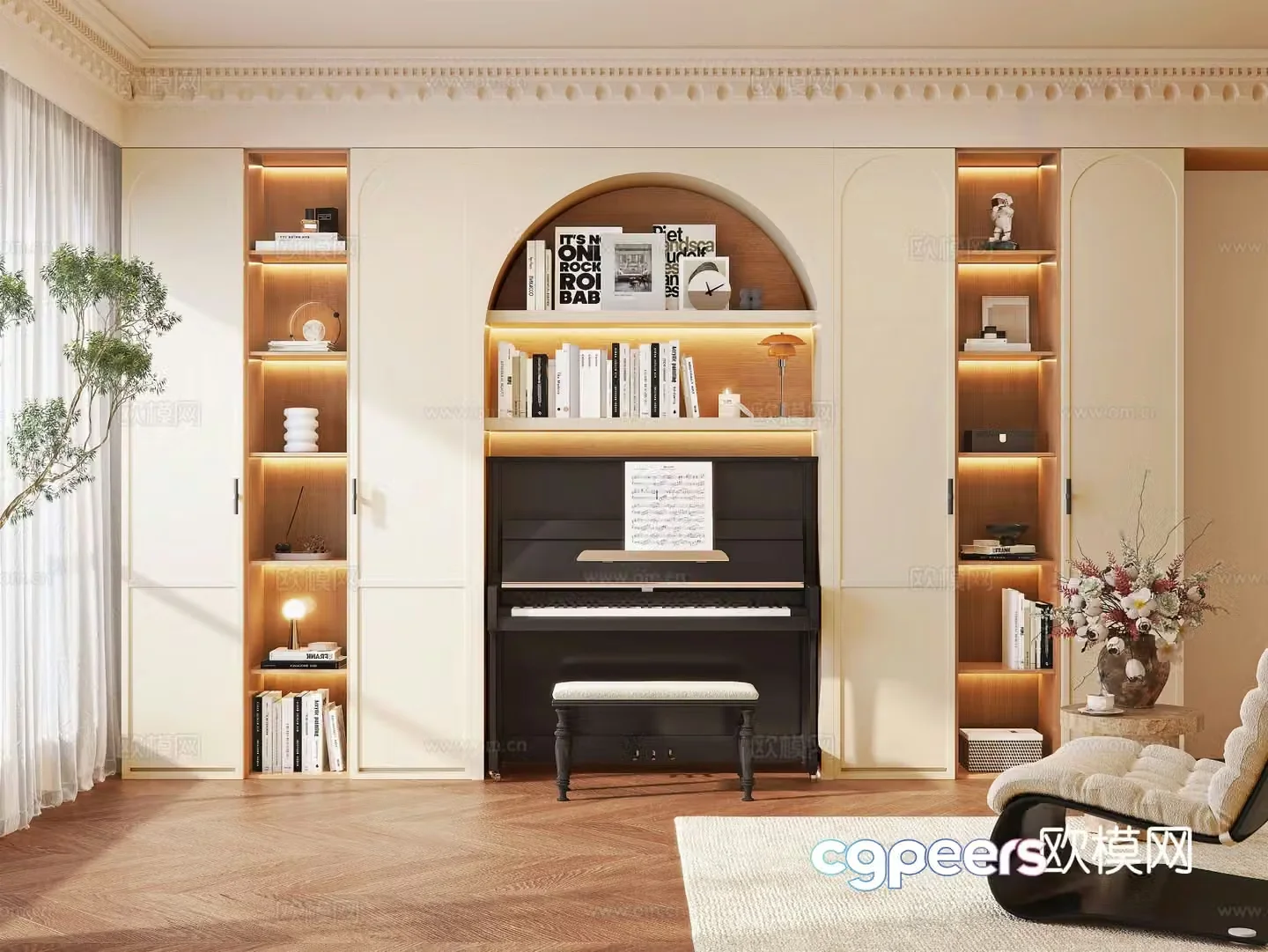 Cream style bookcase piano cabinet 3d model