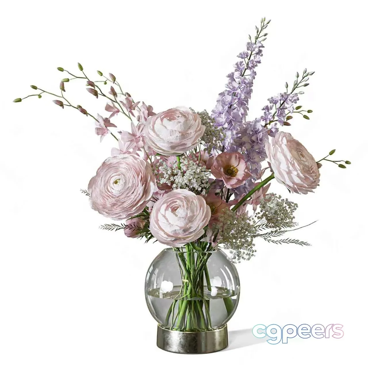 A Glass Vase With A Silver Base Filled With Flowers 3D Model – 4192 – CORONA Render