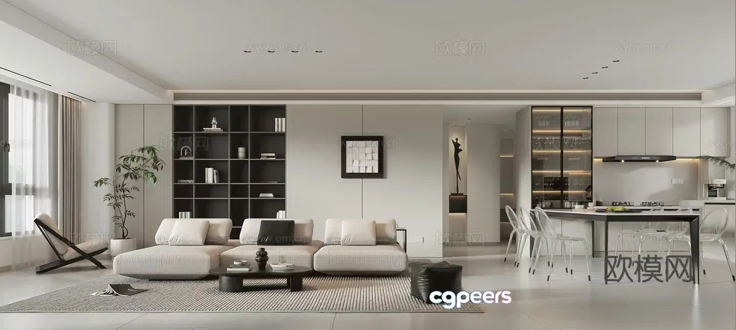 Modern living and dining room 3d model