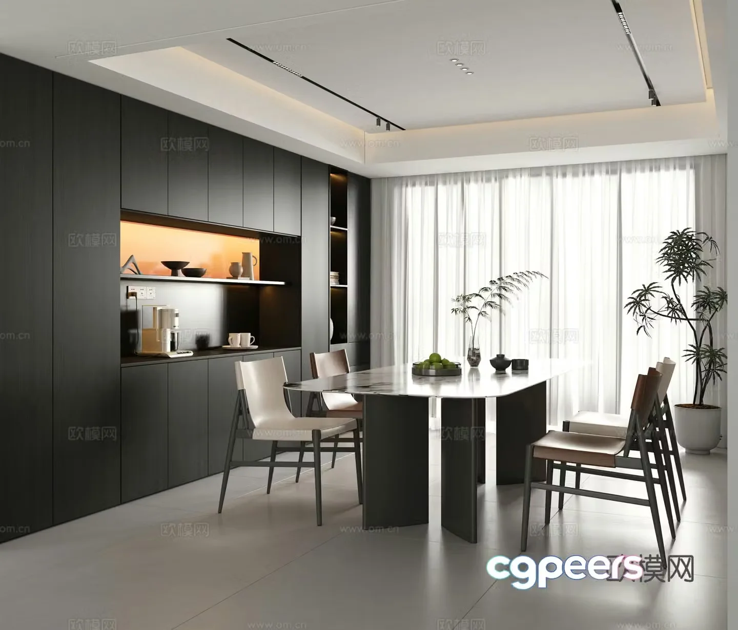Italian minimalist home restaurant strip dining table and chairs dark style restaurant 3d model