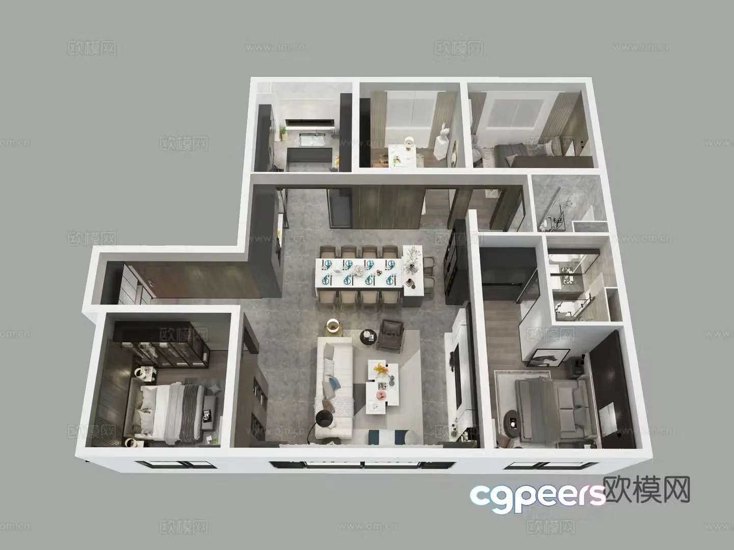 Aerial view of modern home decoration model room 3d model