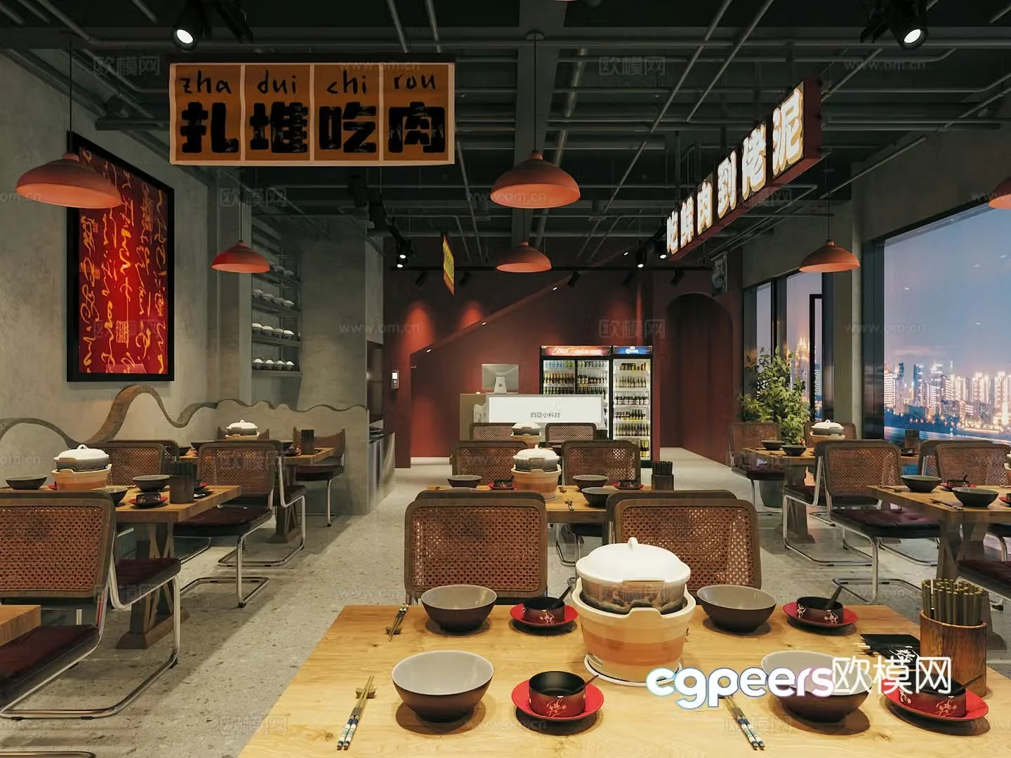 New Chinese hot pot restaurant barbecue barbecue restaurant chicken pot shop hot pot shop table and chairs hot pot restaurant tableware and casserole 3D model
