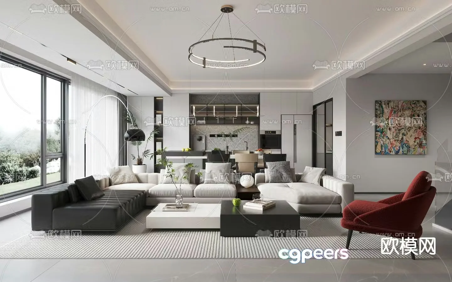 Modern living and dining room 3d model