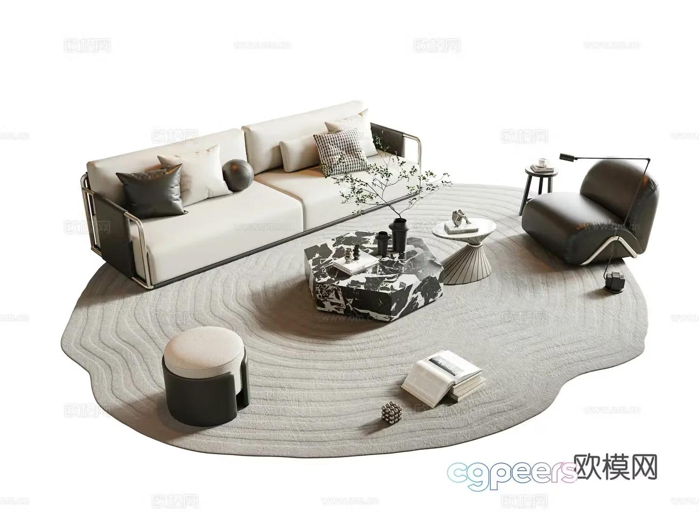 Italian minimalist sofa coffee table combination beige sofa multi-person sofa leather sofa combination sofa 3D model