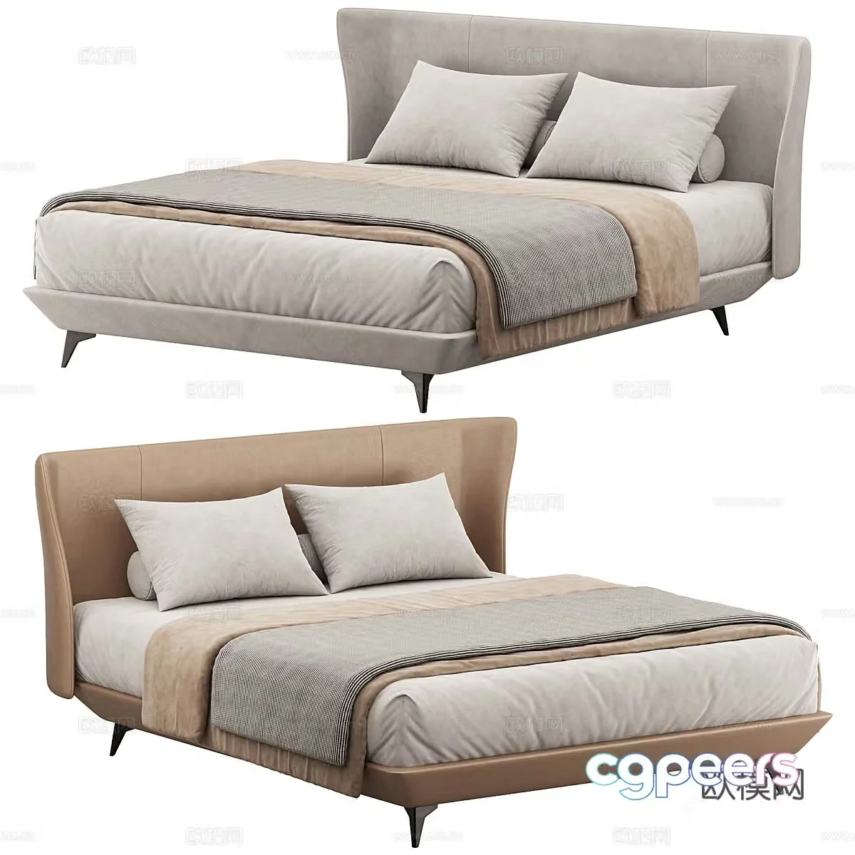 Fabric double bed Simple double bed Double bed Combination Leather double bed Bedding Tofu block 3D model