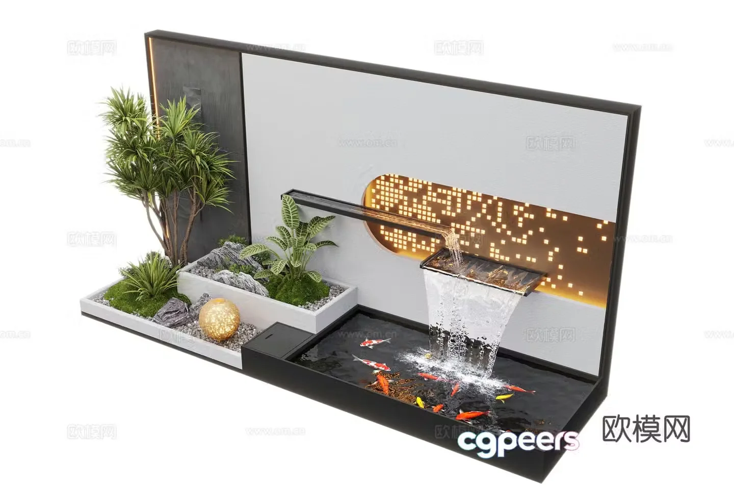 Modern courtyard waterscape waterscape wall stacked water landscape plants fish pond 3d model