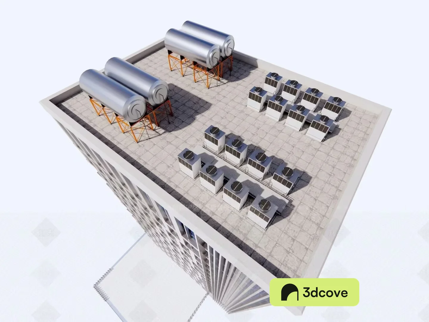 A Rooftop With Water Tanks And Air Conditioning Units