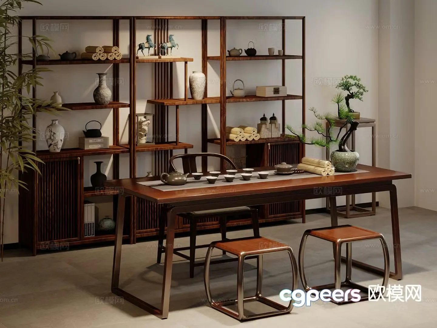New Chinese style tea table and chairs tea cabinet 3d model