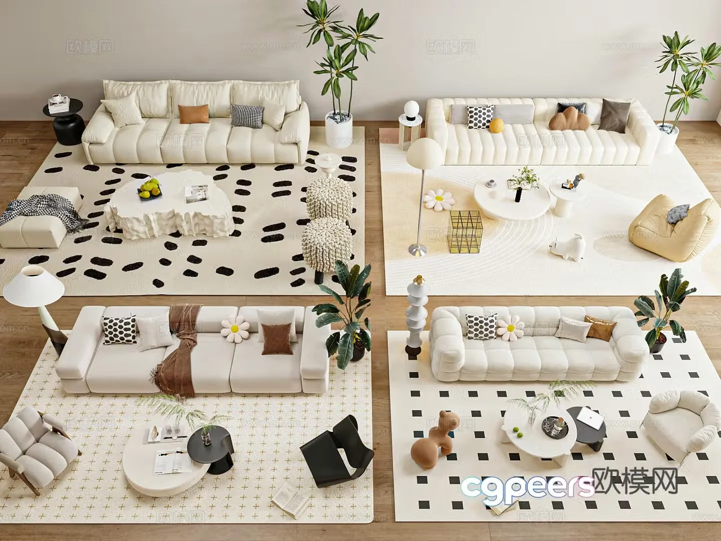 Modern cream style sofa coffee table combination 3D model