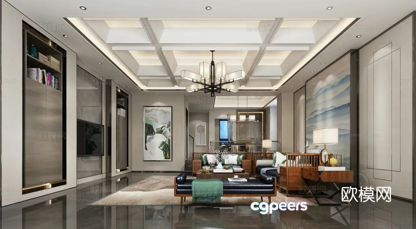 New Chinese style living room dining room floor carpet background wall curtain hanging painting lamp 3d model