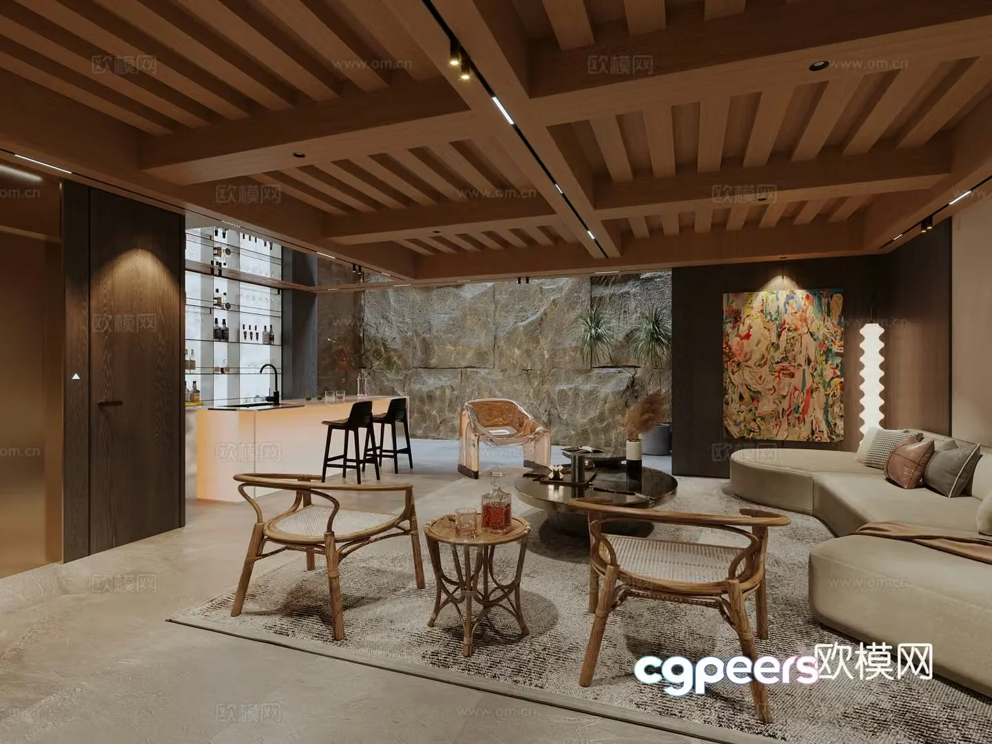 Villa basement seating area hanging painting floor lamp bar wine cabinet sofa coffee table combination 3D model