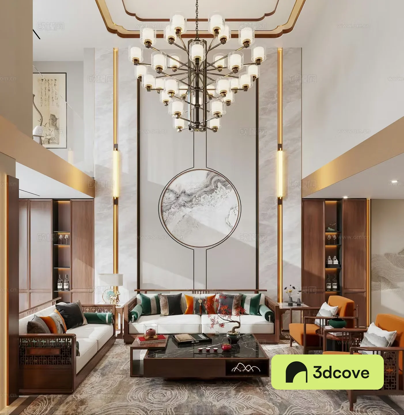 New Chinese style empty villa New Chinese style villa living and dining room New Chinese style chandeliers New Chinese style sofa New