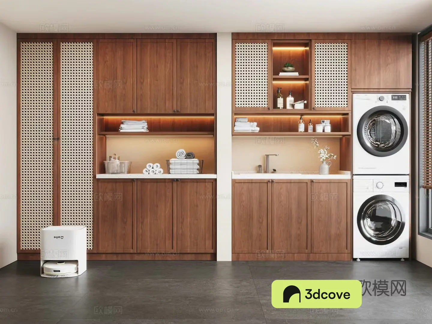 Modern medieval style washing cabinet washing machine dryer sweeping robot detergent supplies
