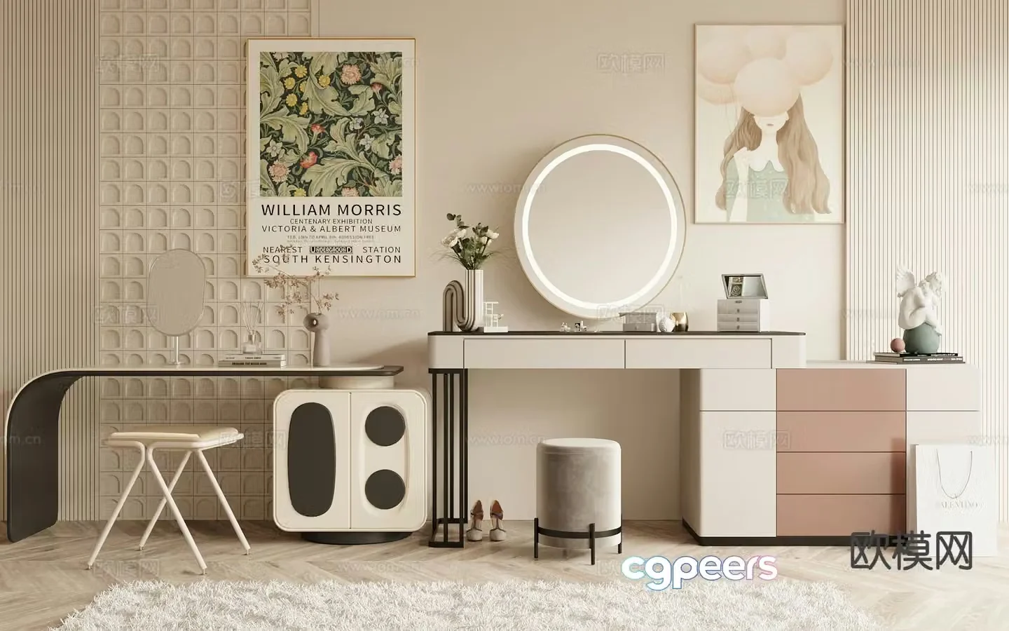 Cream style dressing table dressing table 3d model