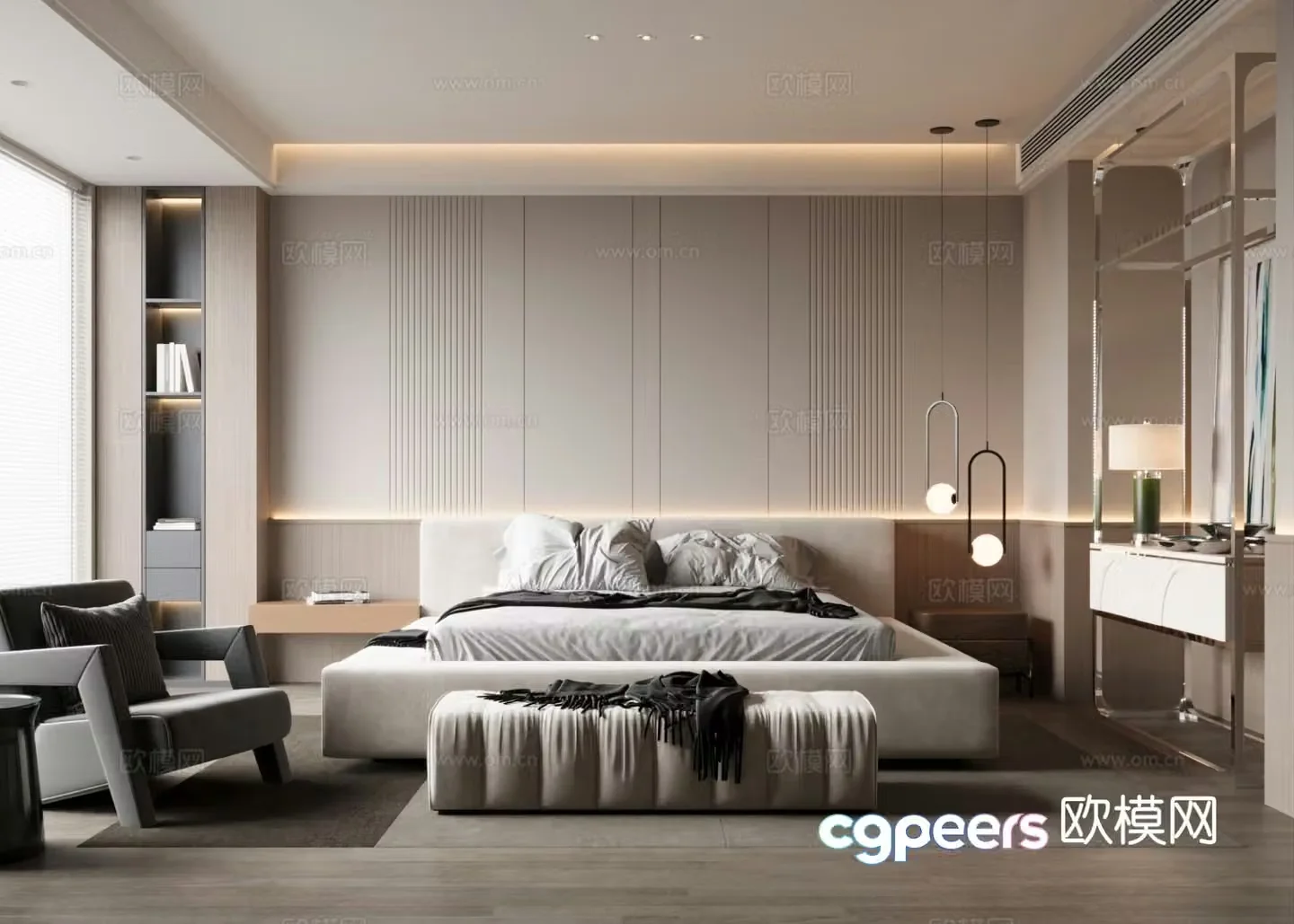 Modern master bedroom home bedroom double bed casual single chair side cabinet 3d model