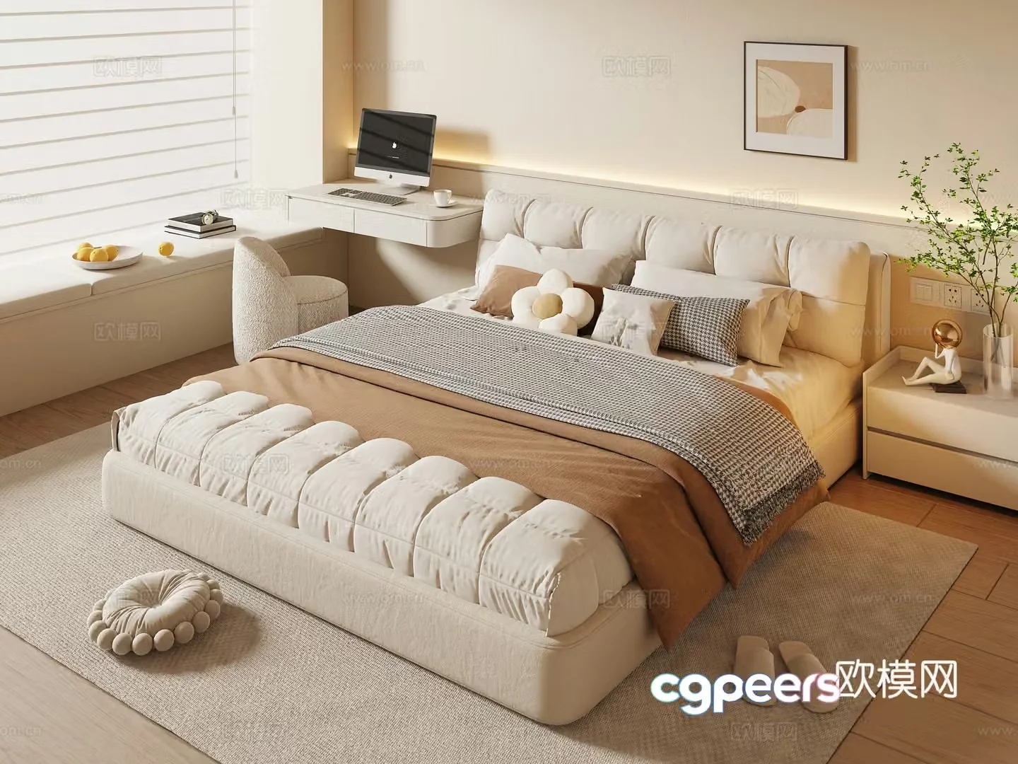 Modern creamy bedroom 3d model