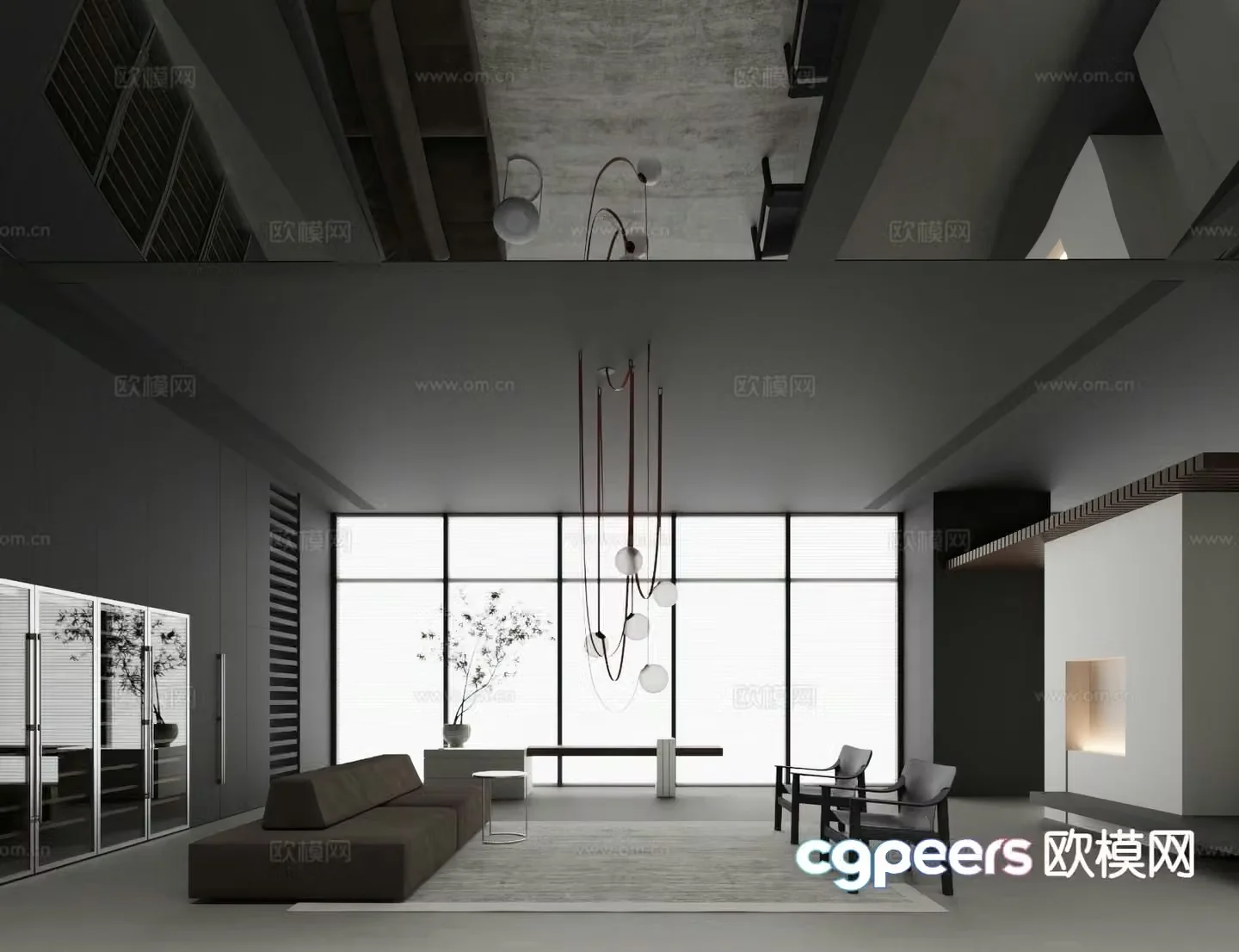 3D model of high-end gray villa living room
